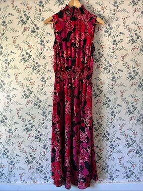 Sleeveless High-Neck Hi-lo Maxi Dress in Botanical Floral w/ pinks, red, & black